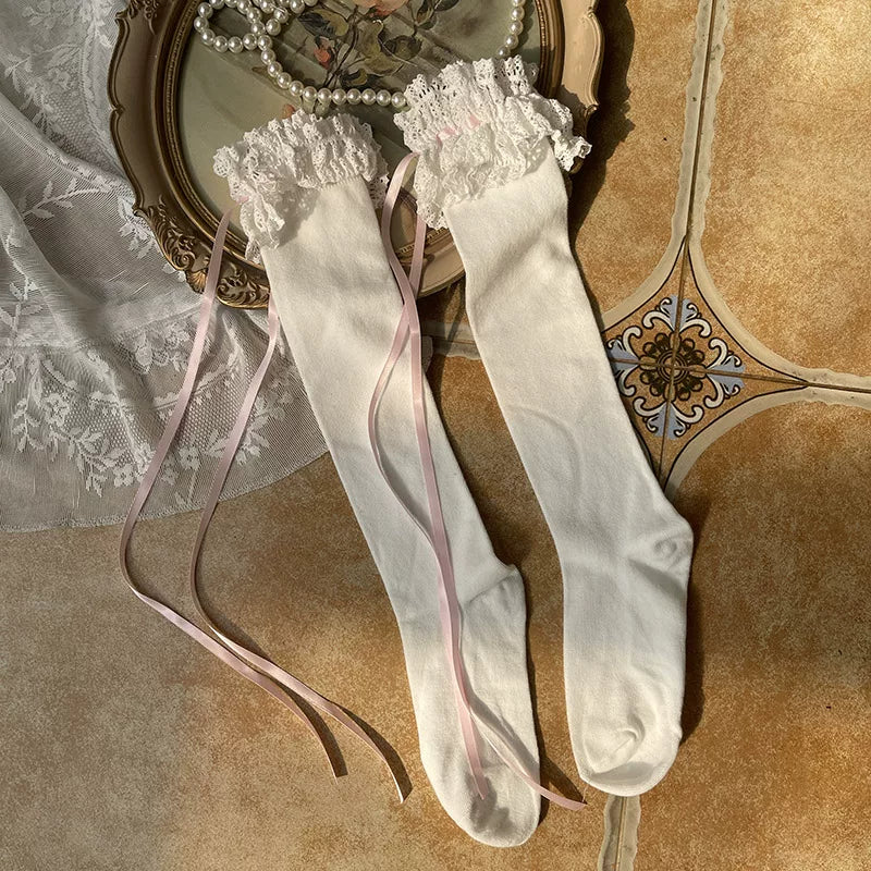 Sock Noble - Ribbon Lace - Thigh-High Socks with Ruffled Lace Cuffs