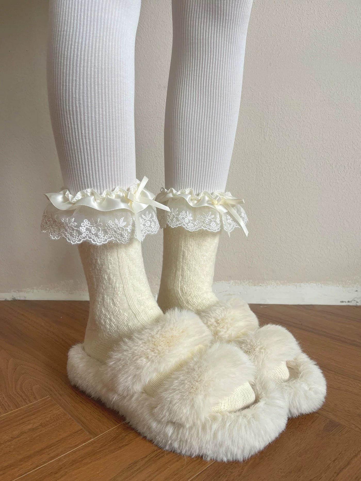 Sock Noble - Winter Ruffle - Slouch Mid-Calf Socks with Satin-Lace Cuffs