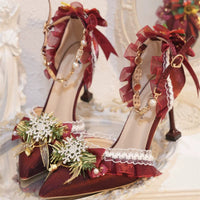Qimeng Christmas Ballet Pointed-Toe Lolita Shoes - Christmas Ballet Burgundy - 8 cm Heel / 34