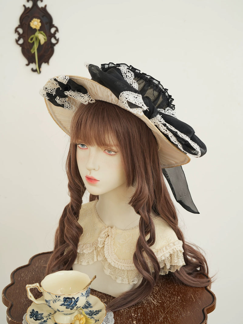 Star Box - Fresh Lace Bow - Natural Straw Hat with Lace Trim