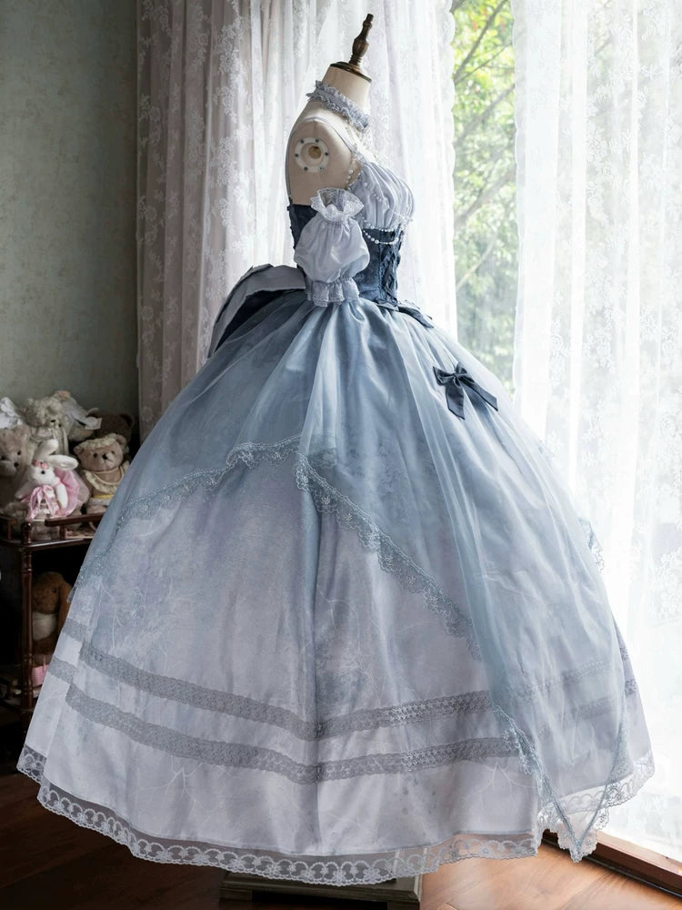 Emoji Dream Cinderella Lolita blue sleeveless ballgown with corset back, full bell skirt, and matching skirt support, back view on mannequin