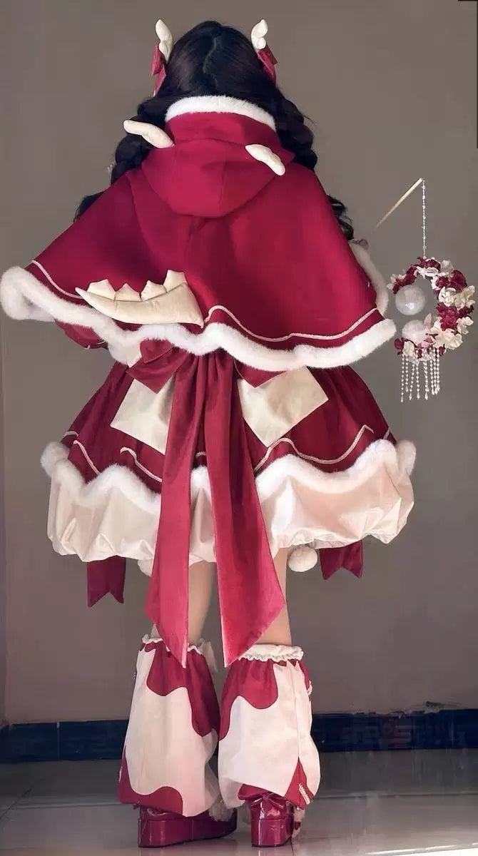 Sweetheart Dream Machine - Little Lucky Beast - Red Long-Sleeve OP Set with White Fluffy Trim