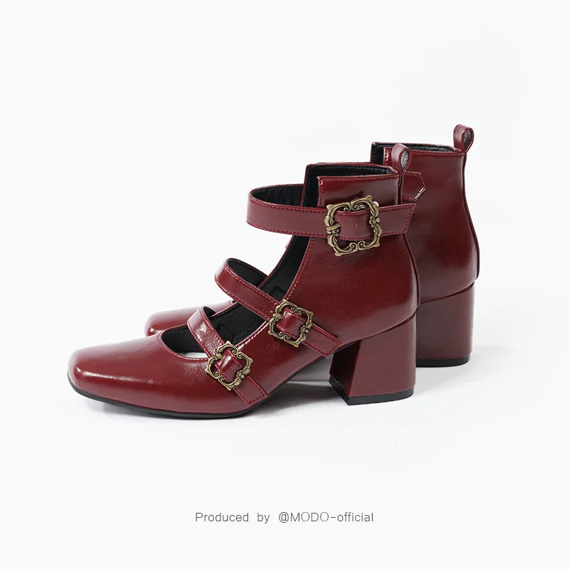 MODO Prayer Poem Triple-Strap Mary Jane Lolita Shoes – Burgundy - Mid Heel – view 8