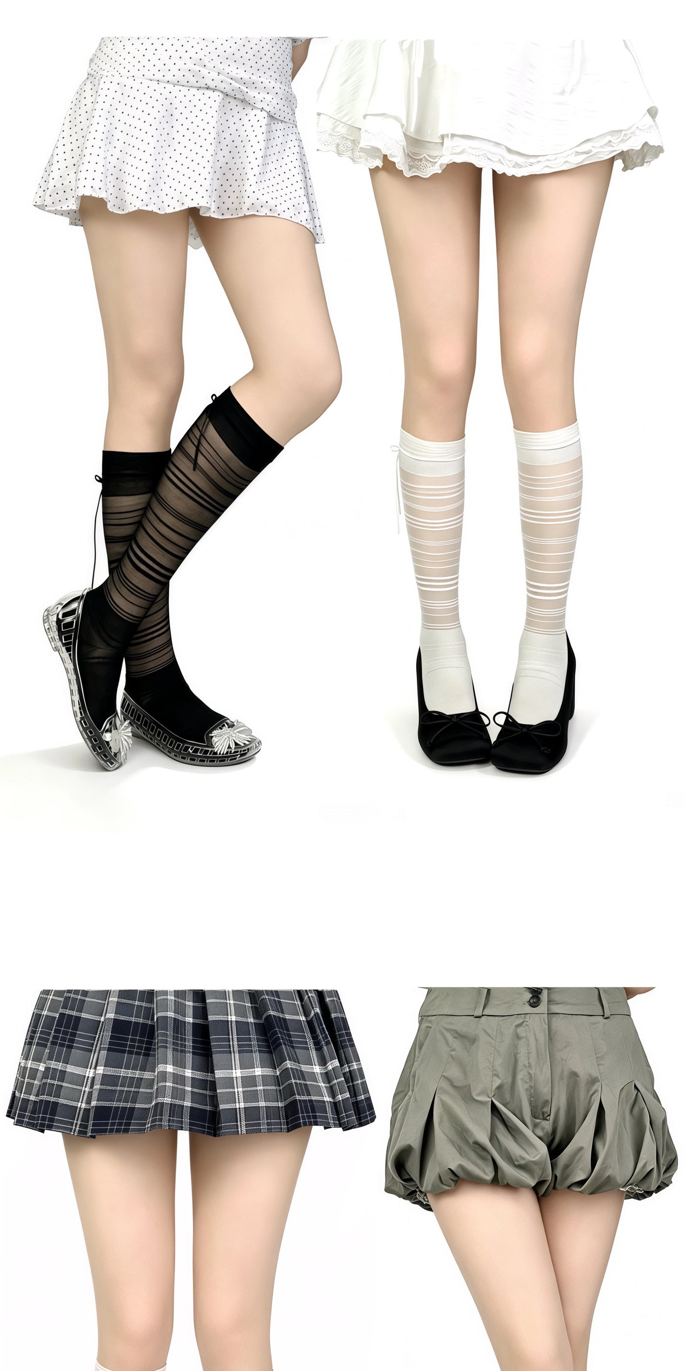 White Socks - Ribbon Stripe - Striped Mid-Calf Socks with Ribbon Bow
