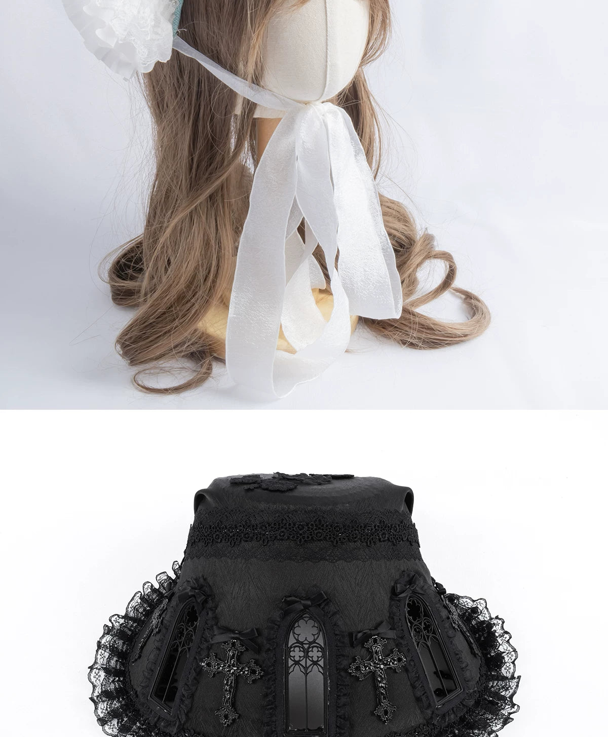 Lightbound Narrative - Cross Window - Bonnet with Lace Ruffle and Cross Motifs