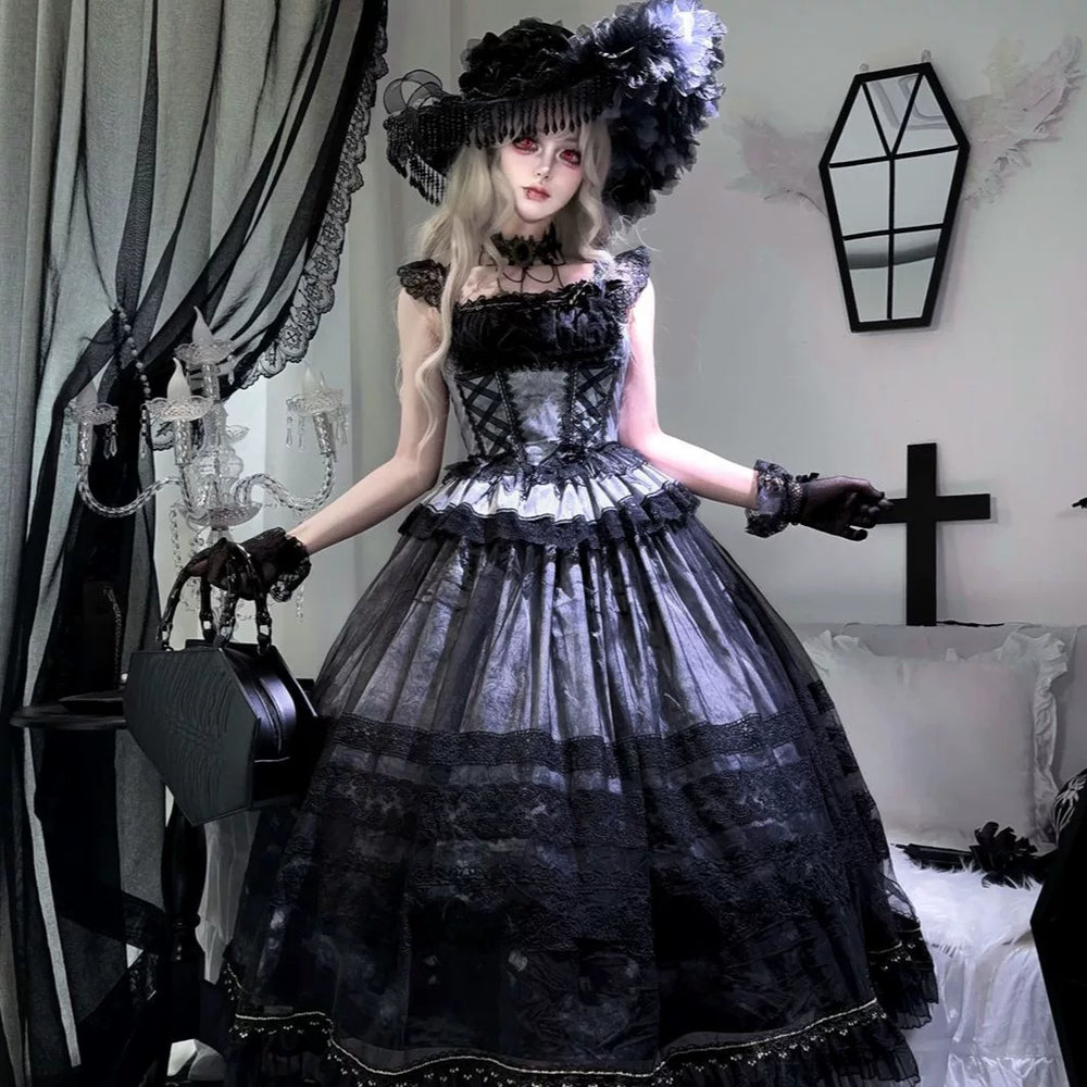 Lady Han Misty Vineyard Classic JSK Dress by Lolita Fetch featuring a floral vineyard print and elegant fit on a model.