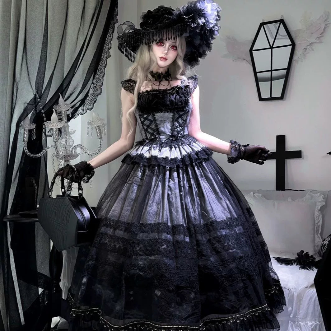 Lady Han Misty Vineyard Classic JSK Dress by Lolita Fetch featuring a floral vineyard print and elegant fit on a model.