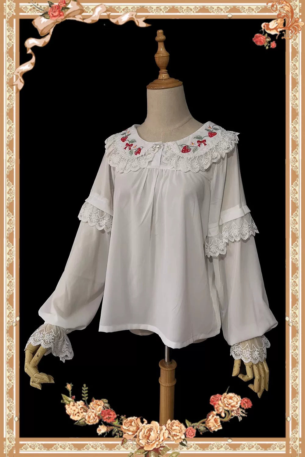 Chandelier - Old School Lolita OP Dress, Polka Dot, Chandelier Print Strawberry Embroidered Shirt (one size/M) S