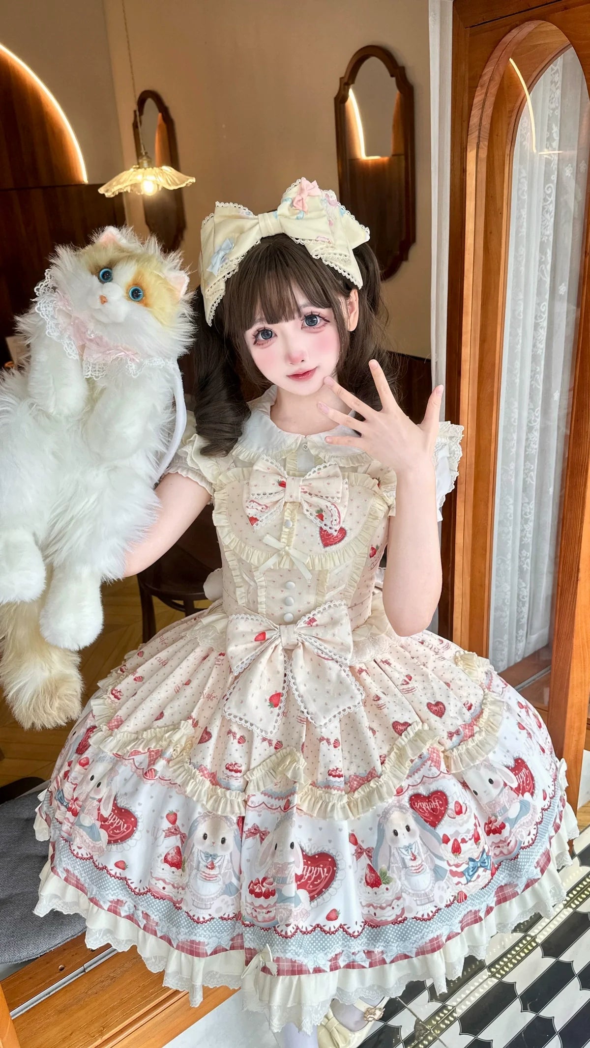 Sweet Dreamland - Bunny Party - Sweet Lolita JSK Dress, Cute Bunny & Cake Print
