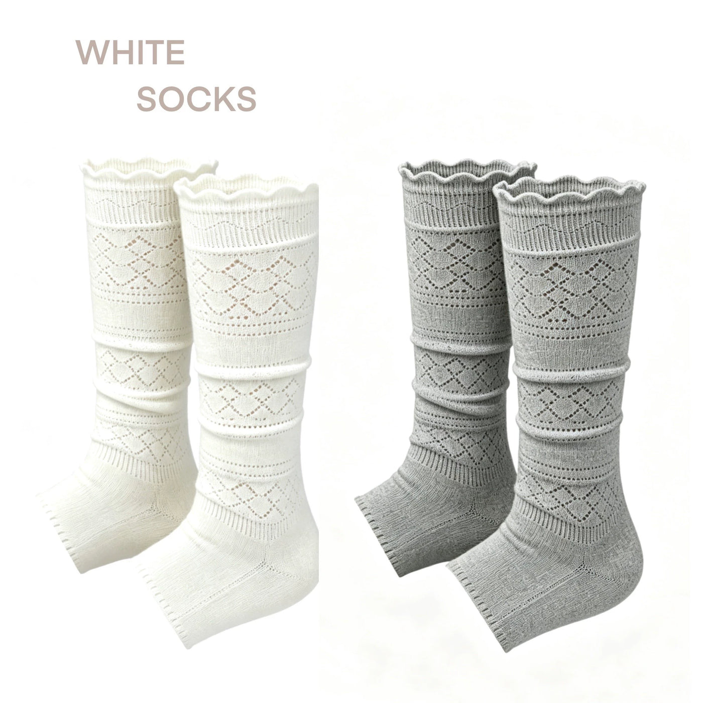 White Socks - Openwork Lace - Lace-Textured Stirrup Leg Warmers