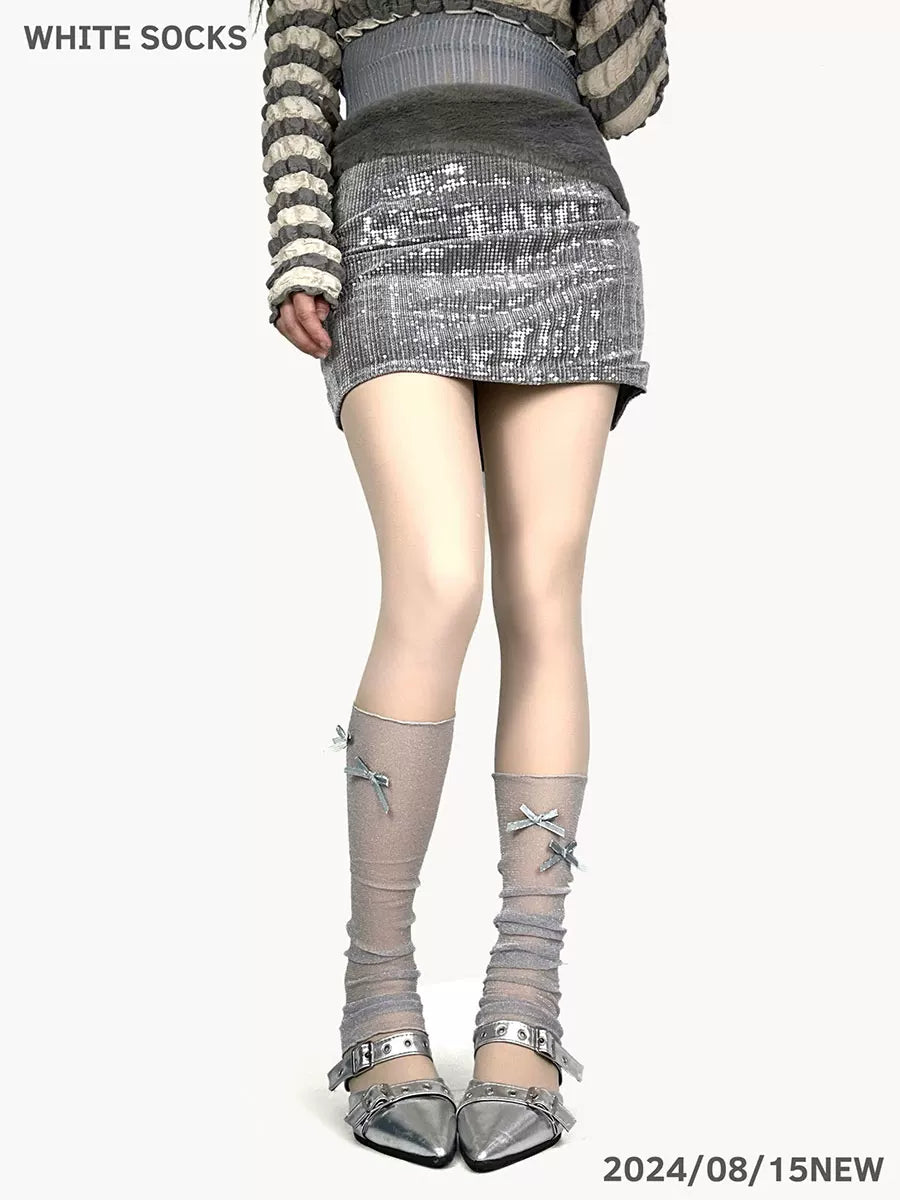White Socks - French Bow - Sheer Mesh Calf Leg Warmers with Bow Accents