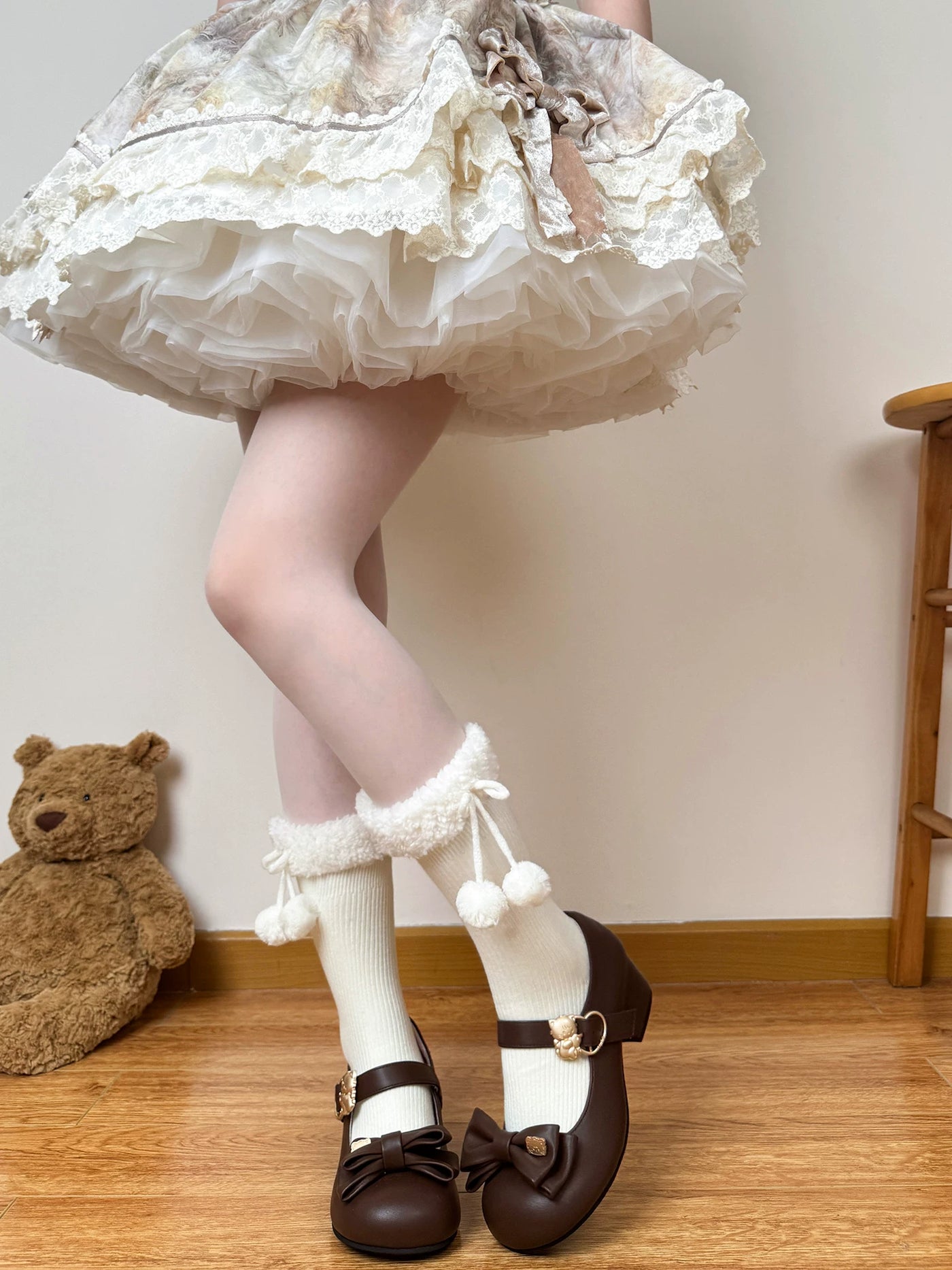Chubby Bear Tales - Fluffy Winter - Mid-Calf Scrunch Socks with Pom-Pom or Bow Cuffs