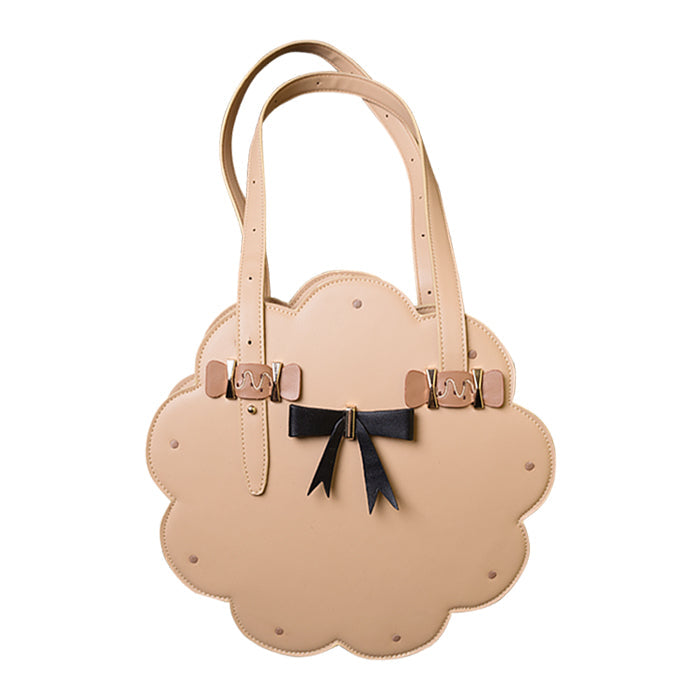 Brown Toffee Cookie Lolita shoulder bag with black bow and rounded handle
