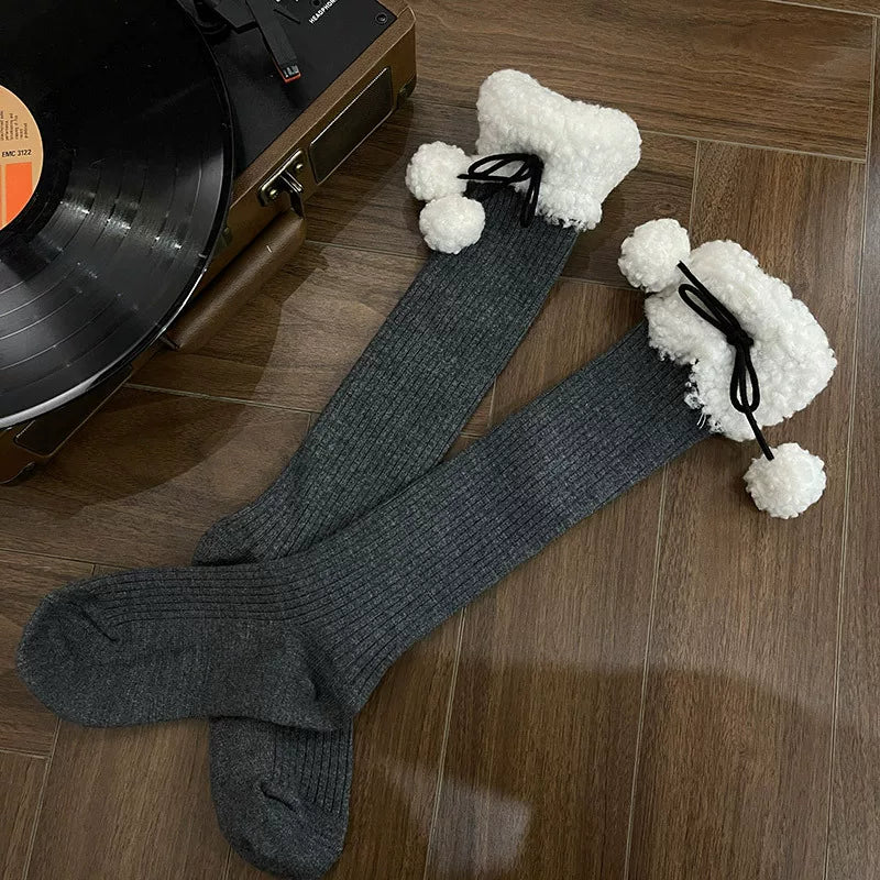 Sock Noble - Winter Pom-Pom - Mid-Calf Socks with Fluffy Cuffs and Pom-Pom Ties