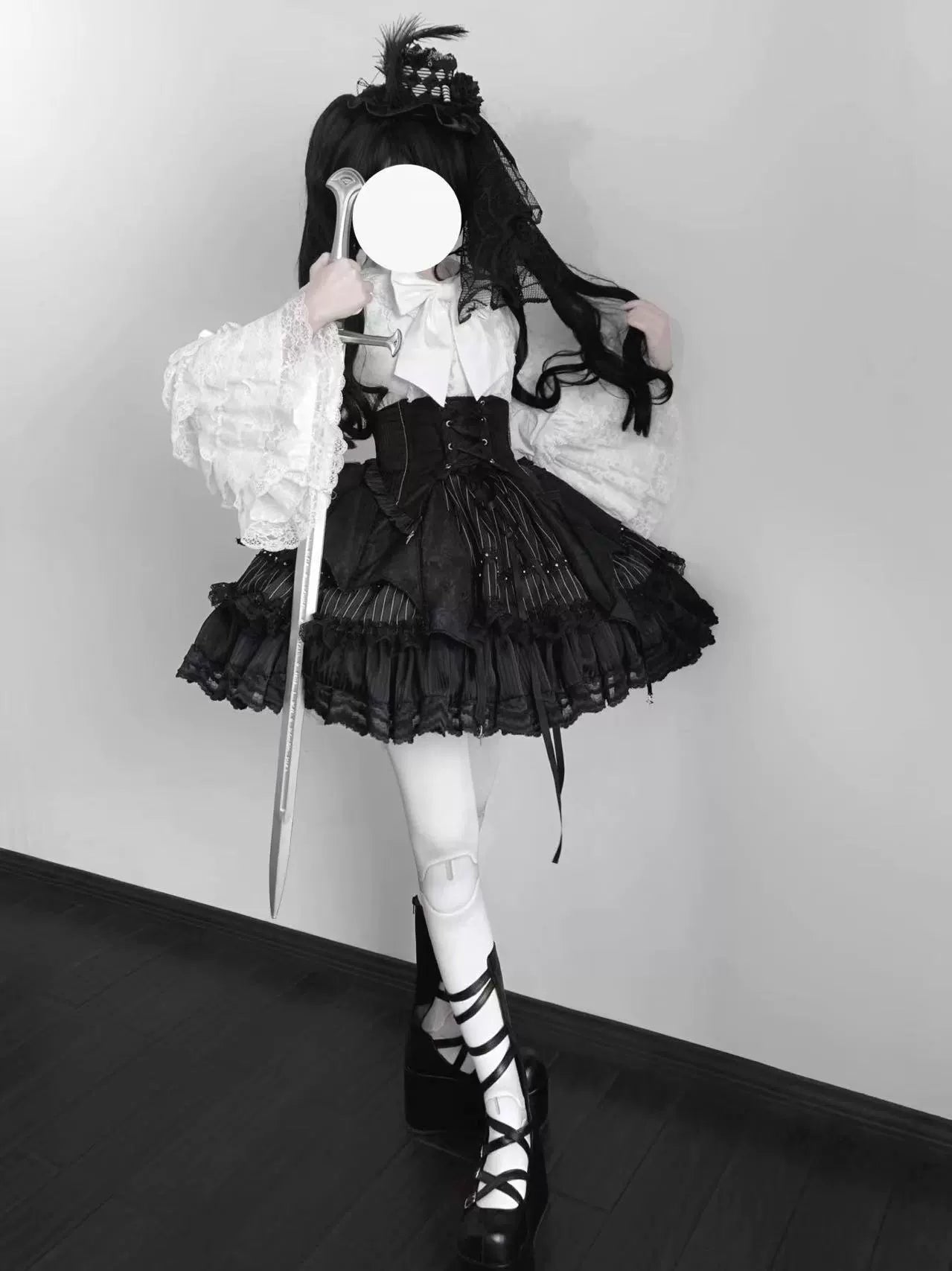 Twilight Song - Trace Bone - Black Gothic Lolita SK & Waist Cincher