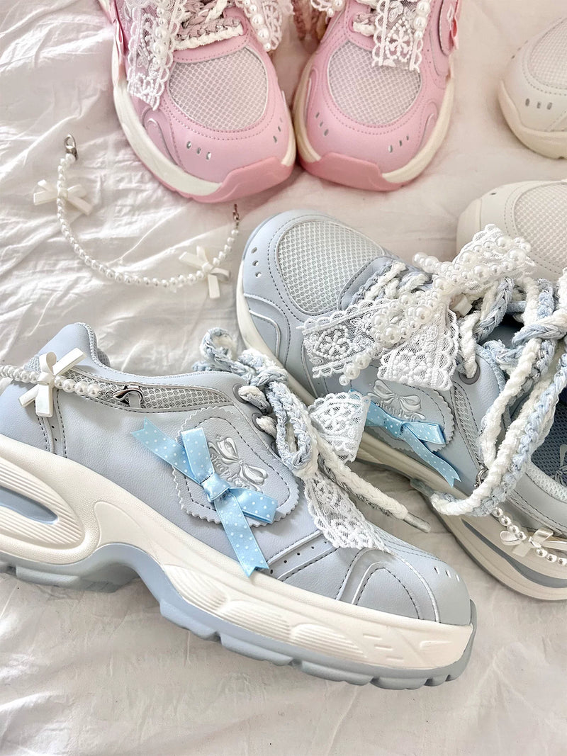 Sheep Puff Heartbeat Signal Lolita Sneakers showing white shoes with colorful heartbeat design and cute lolita style details.