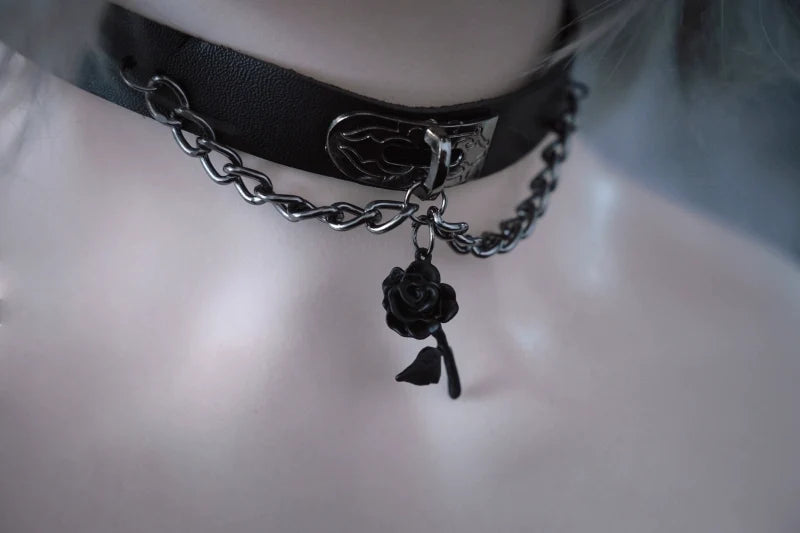 Strange Sugar - Gothic Lolita Choker Faux Leather - Rose Pendant Necklace Neckwear
