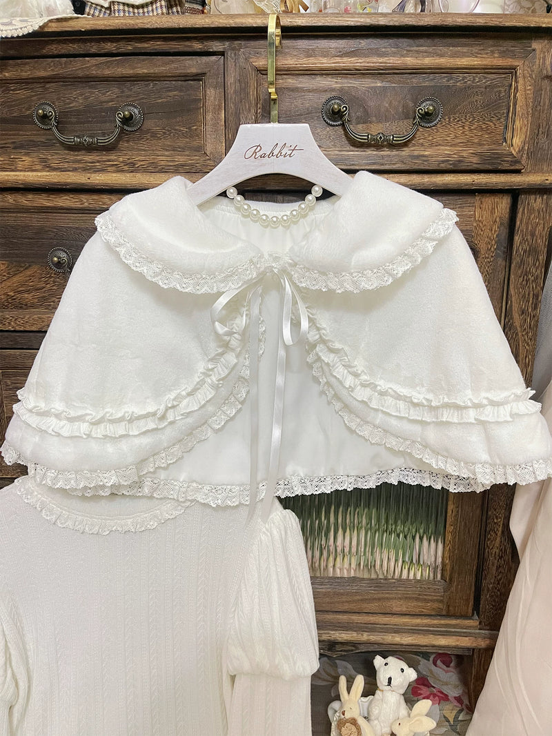 Winter Snowball Plush Lace Printed Lolita JSK — Supplier Dispatch within 15 Days (After National Day Holiday), Plush Shawl - One Size