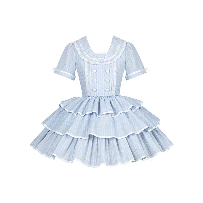 Seven-Day Bell - Blue Classic Lolita Striped OP Dress, Sailor Collar (L M S) 45166:837873