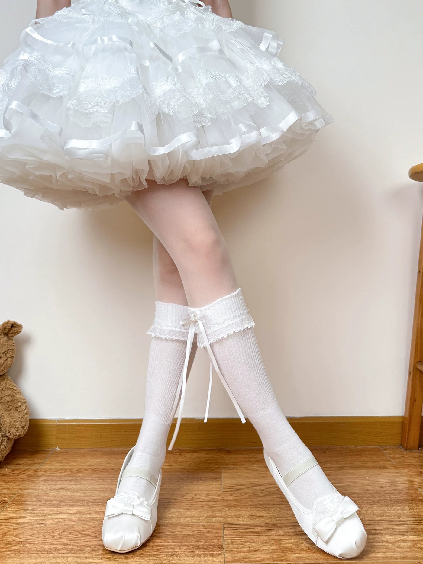 Chubby Bear Tales - Cream Ballet - Thin Scrunch Socks with Ribbon Bows