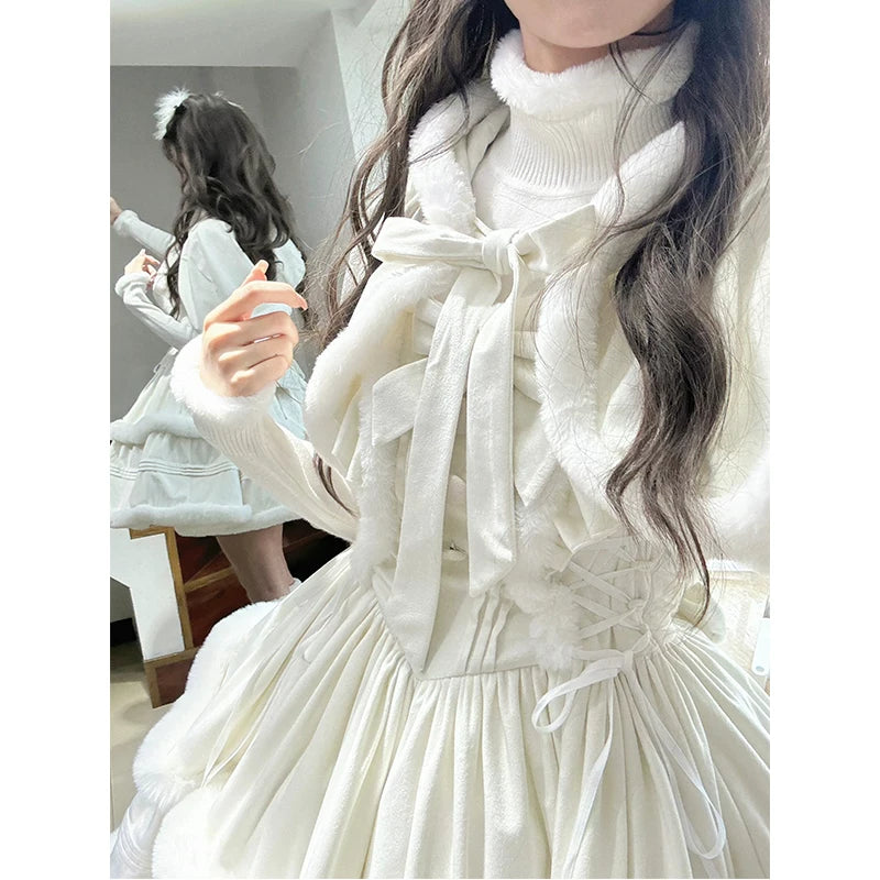 Creamy - Winter Japanese Heiress - Cape, Top & Dress Set with Fluffy Trim