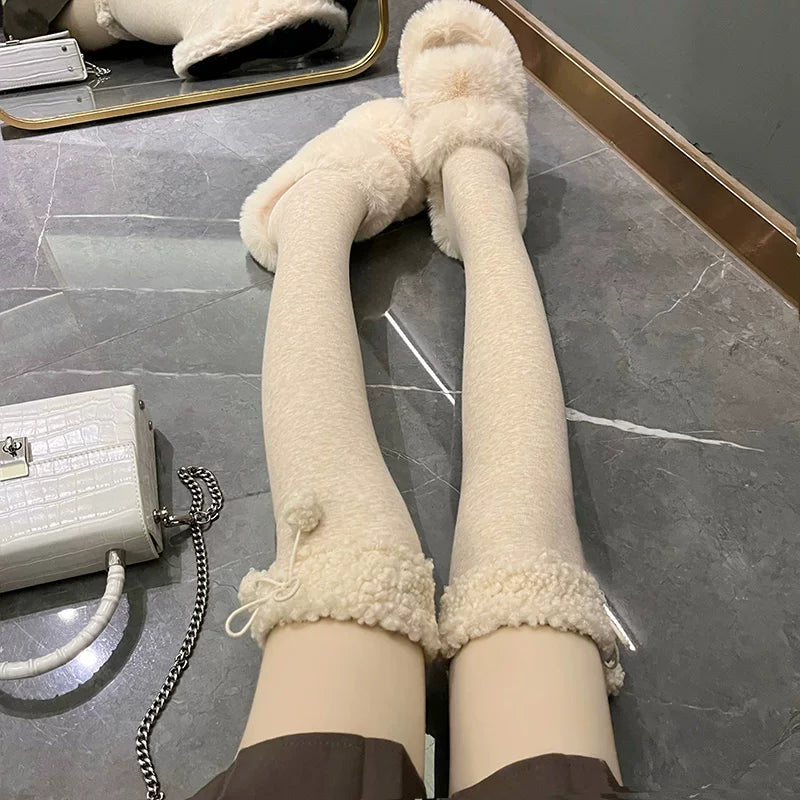 Floral Milk Cat - Winter Pom-Pom - Plush-Trim Thigh-High Socks with Pom-Pom Details