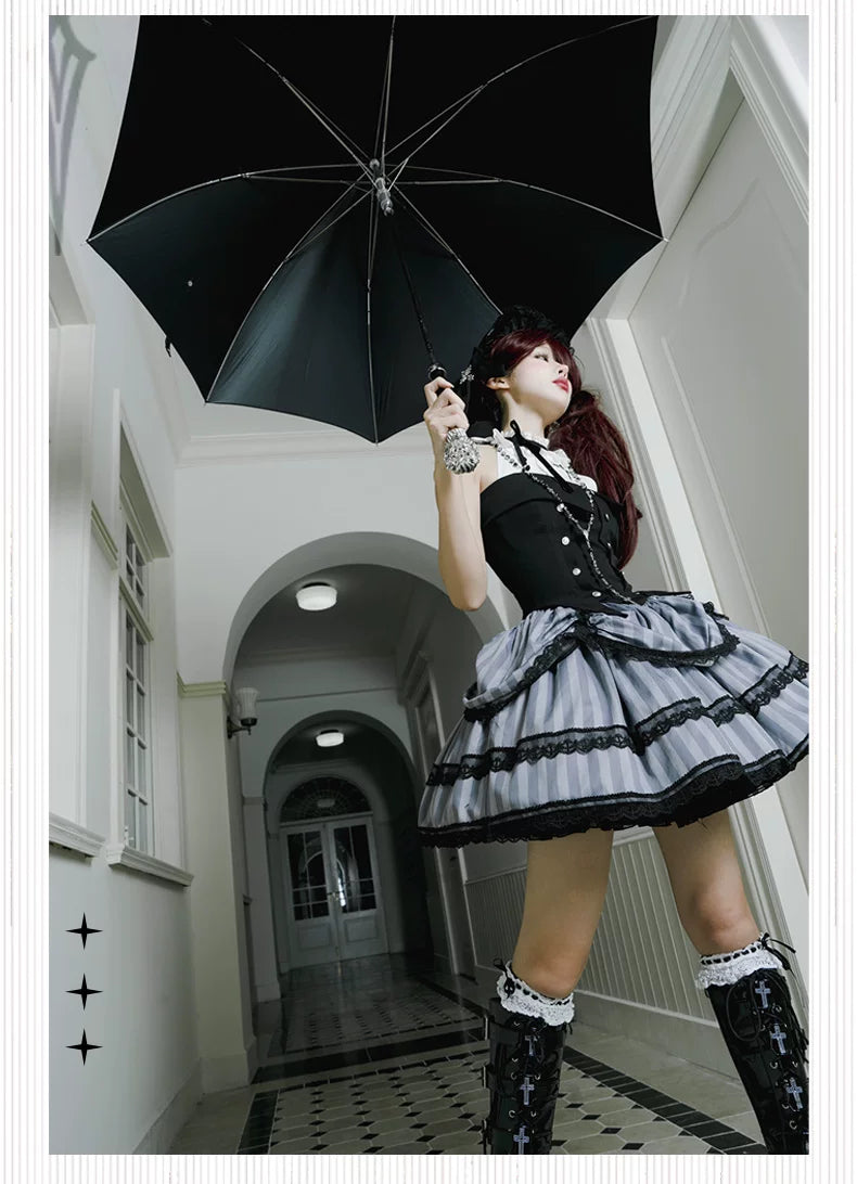 Baozi Pig - Witch's Shop - Gothic OP Dress with Corset-Style Bodice and Striped Skirt