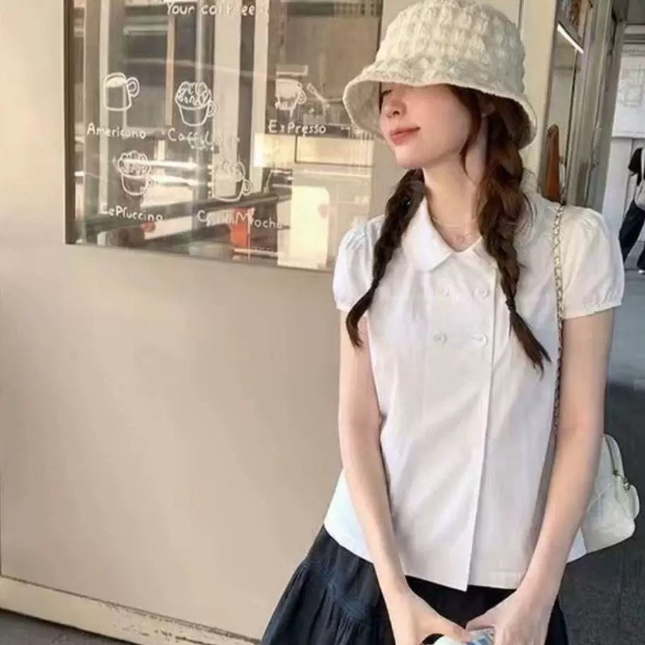 Sweetheart Dream Machine - Vintage Scholar - White Short-Sleeve Blouse with Double-Breasted Front
