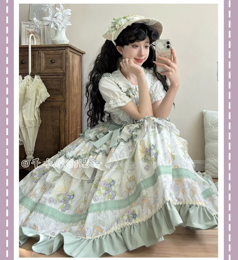 Qianmu - Blueberry Midsummer - Country Lolita Tiered JSK, Blueberry Print