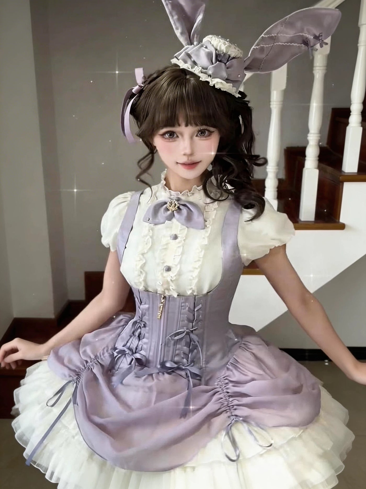 Creamy - Lavender Rabbit Gothic - JSK Dress Set with Rabbit-Ear Hat
