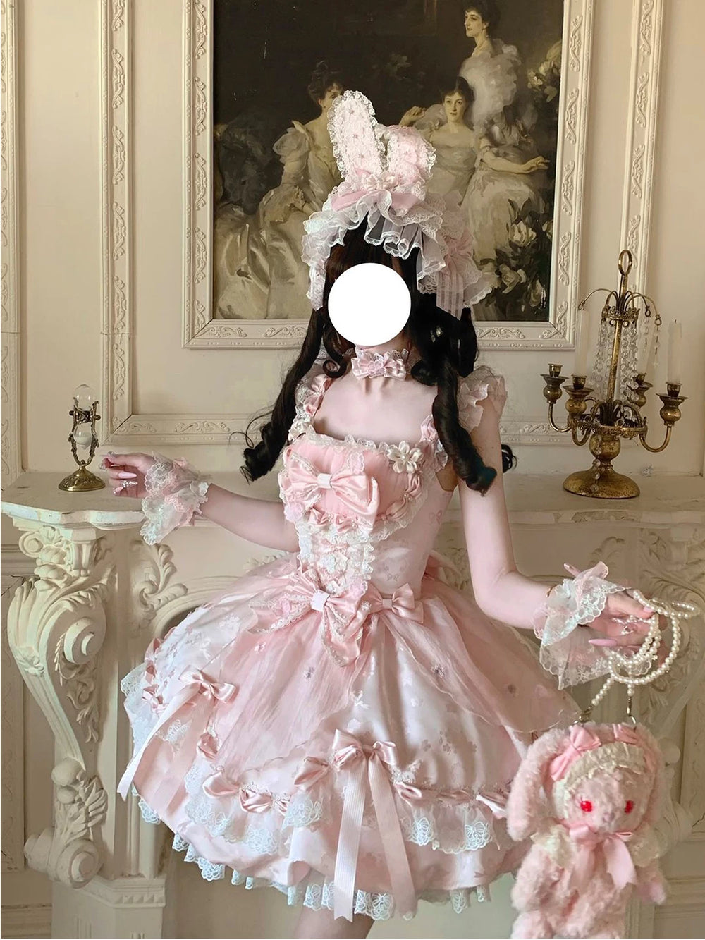Layered tulle skirt of the pink sweet Lolita JSK with white lace hem and satin bows
