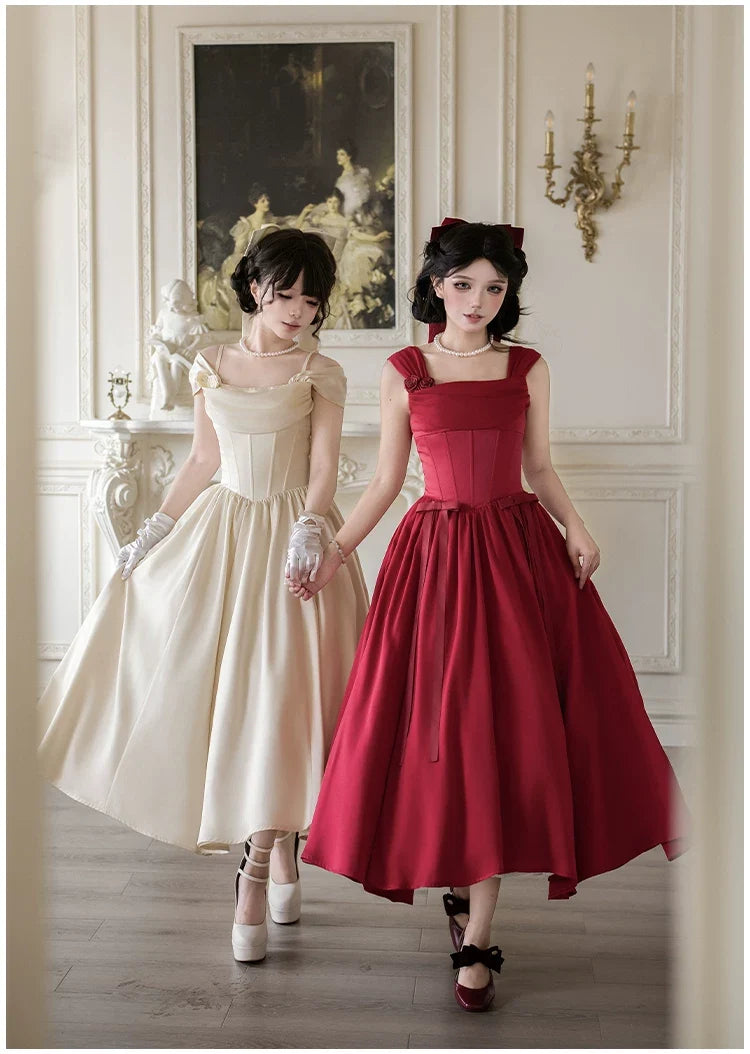 With PUJI - For Beloved - Classic Lolita Satin JSK Dress Set, Fishbone Waist