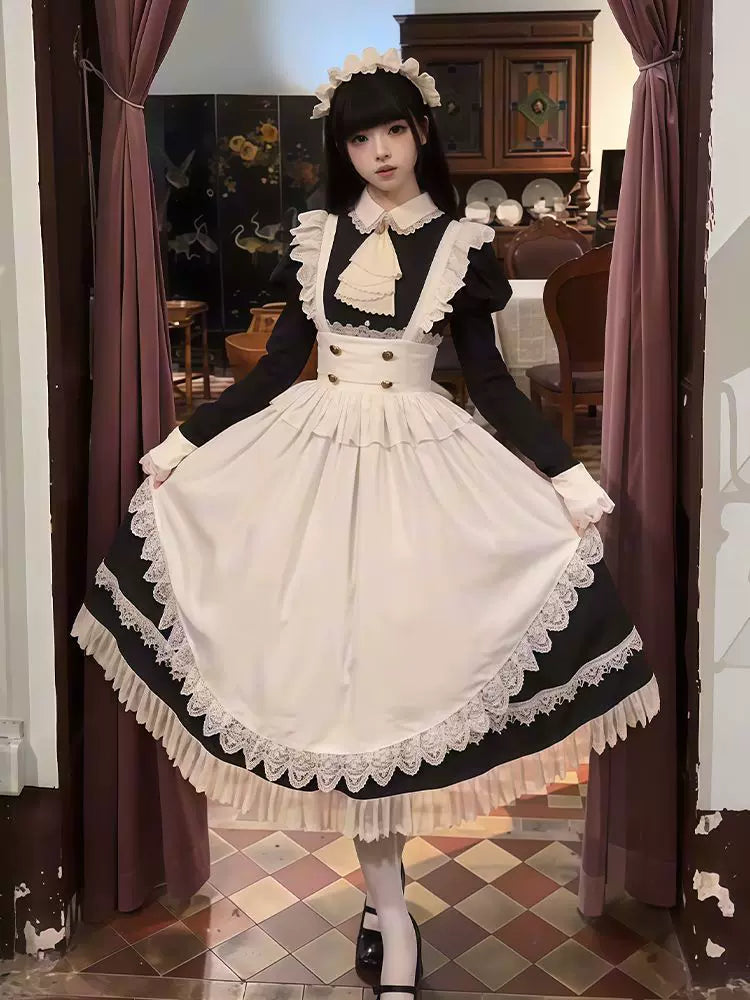 Black-and-white long-sleeve maid dress with white apron and lace trim.
