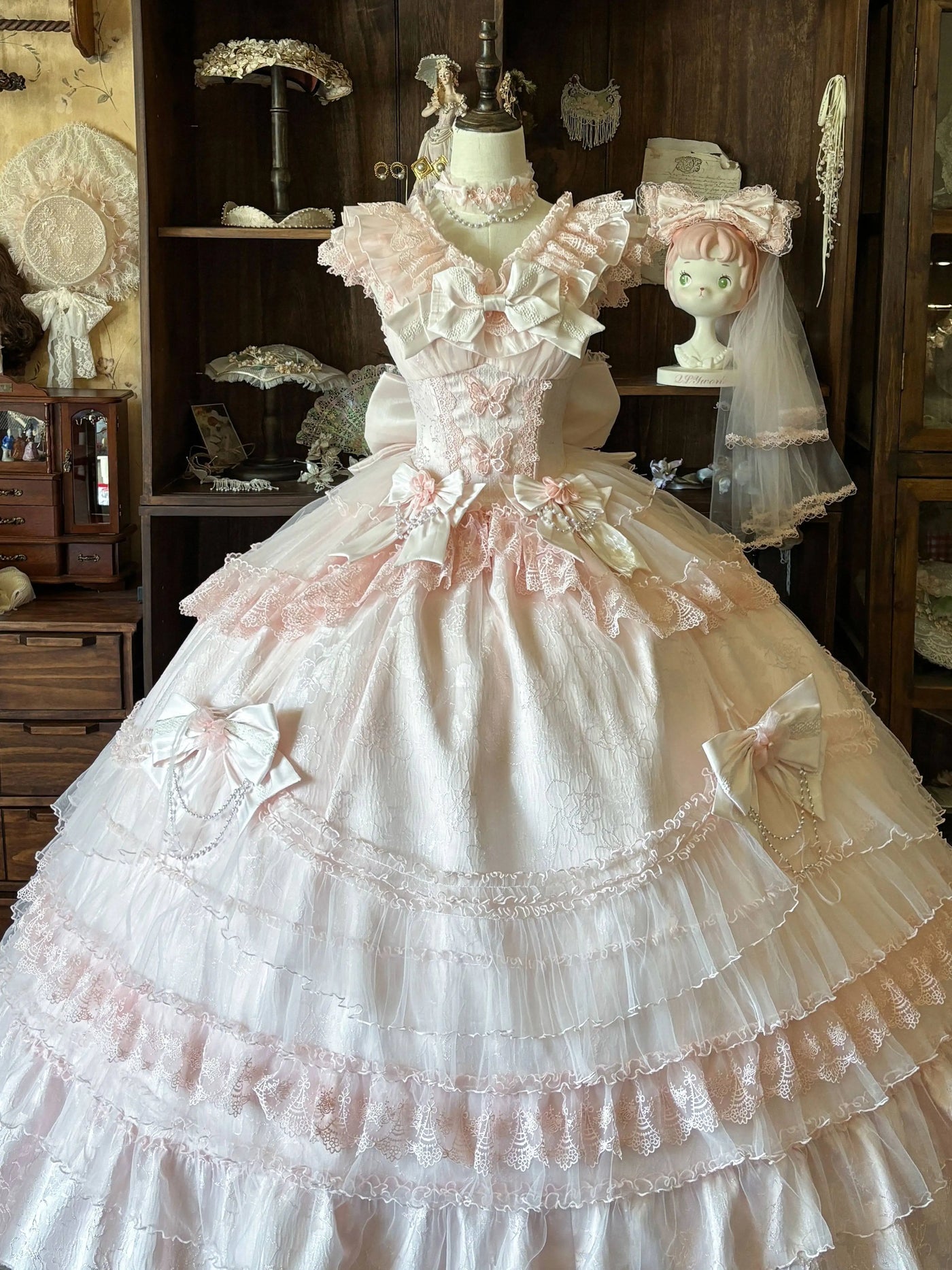 Pink Emoji Dream Cherry Blossom Oath Lolita dress with matching skirt support