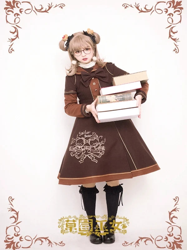 Strawberry Witch - Winter Kawaii Lolita Sailor Collar - Overcoat, Bear Embroidery Outerwear