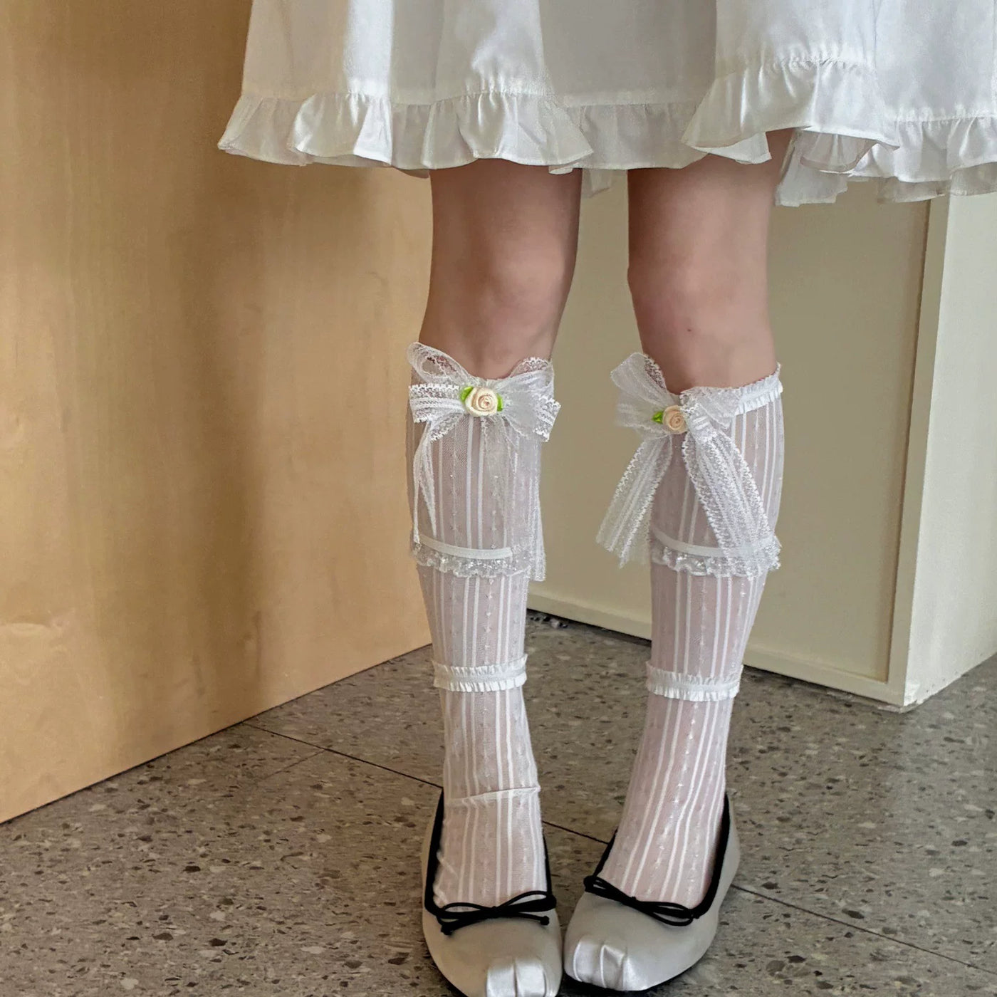 Fantasy Doll - Rose Lace - Mid-Calf Socks with Layered Lace Bows