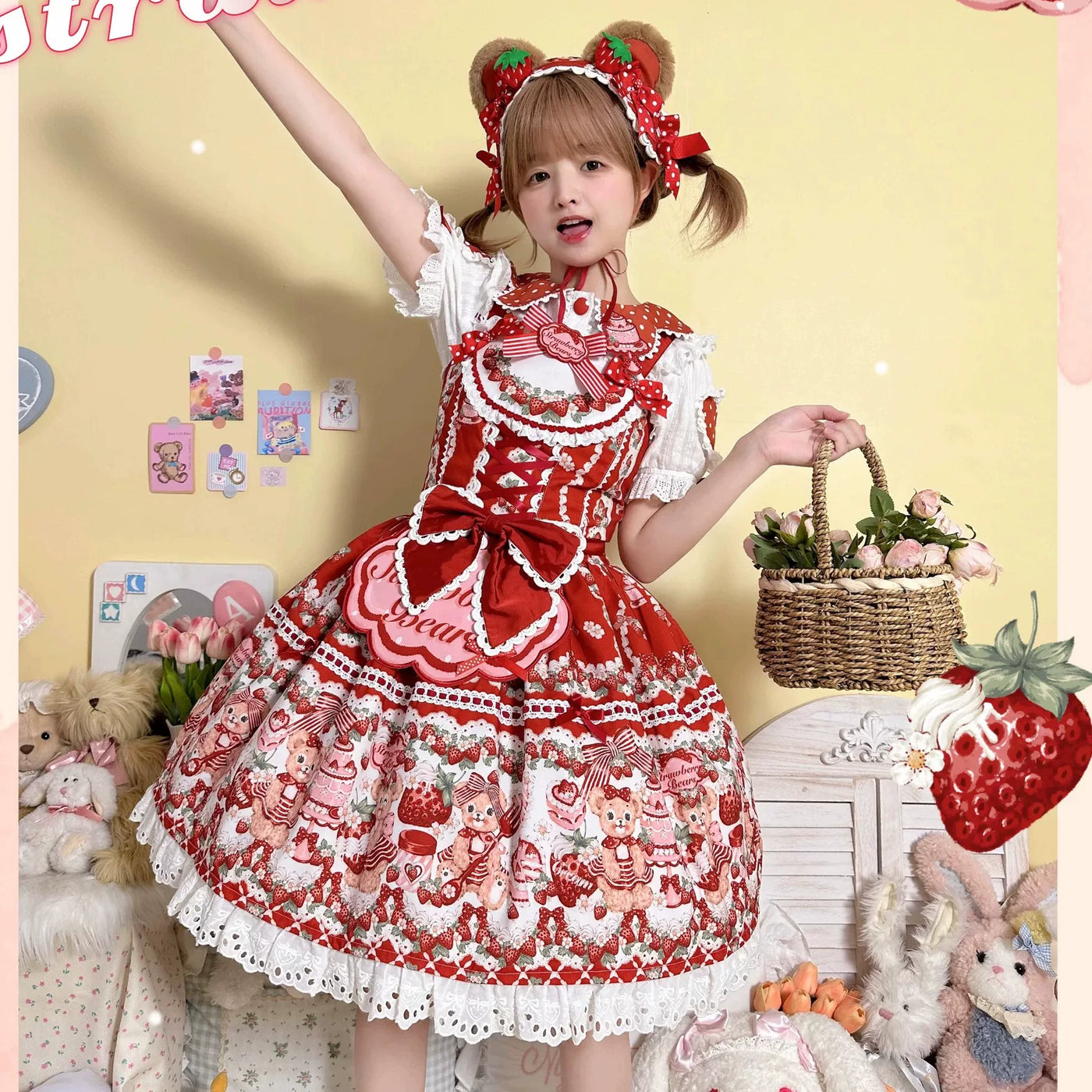 Red strawberry-and-bear print JSK with white lace trim shown in two styled views.