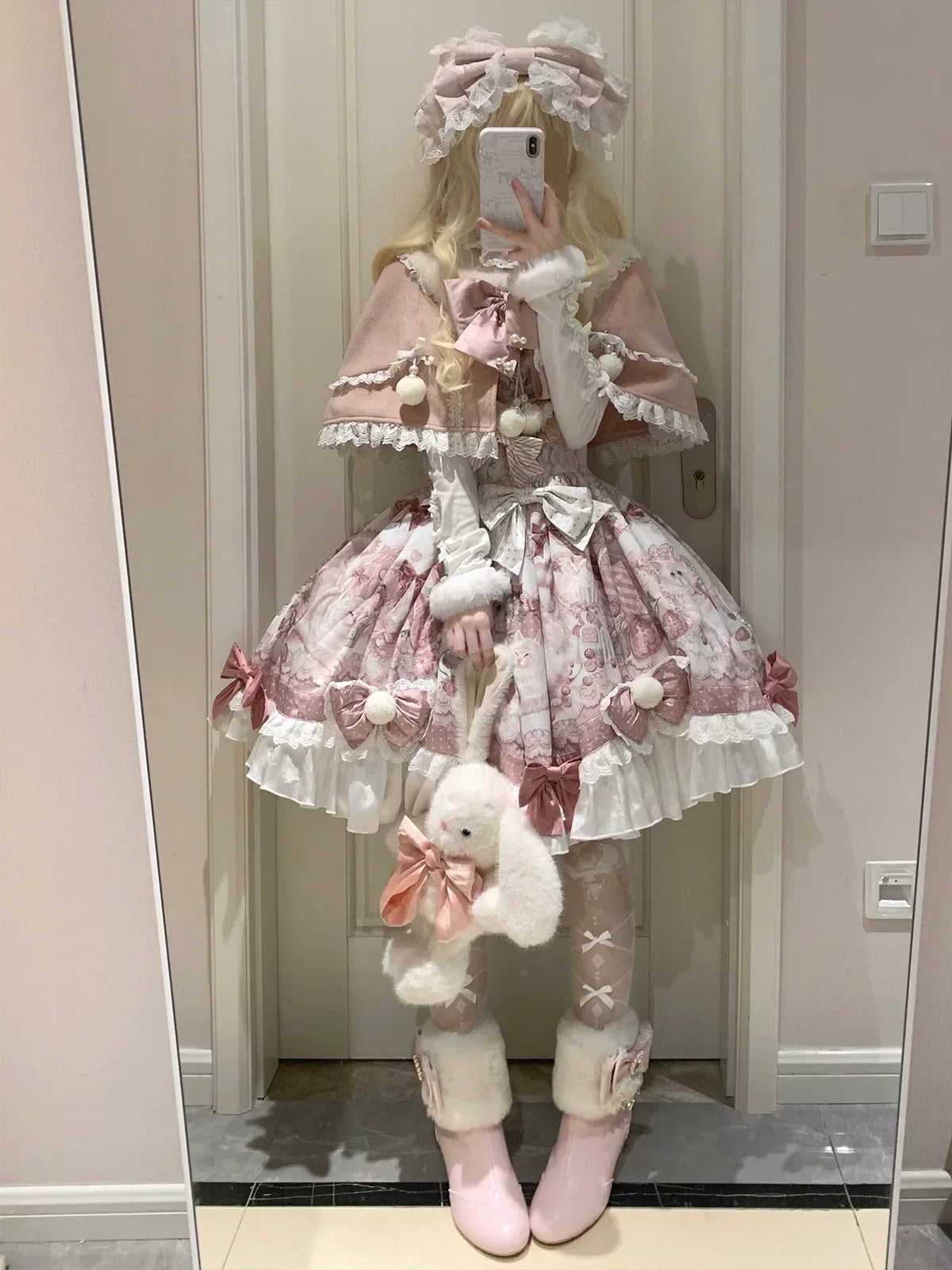 Matutu - Dessert Catlets - Sweet Lolita JSK dress and faux-fur collar cape set with cat and strawberry prints - product detail 8