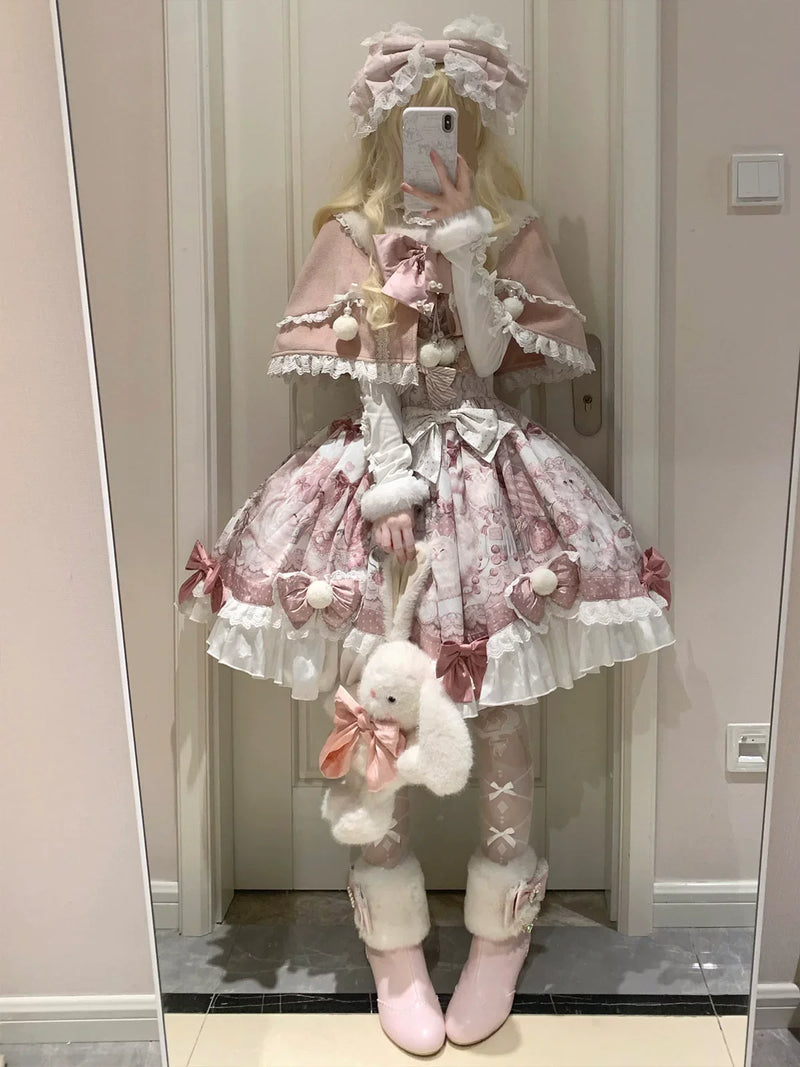 Matutu - Dessert Catlets - Sweet Lolita JSK dress and faux-fur collar cape set with cat and strawberry prints - product detail 8