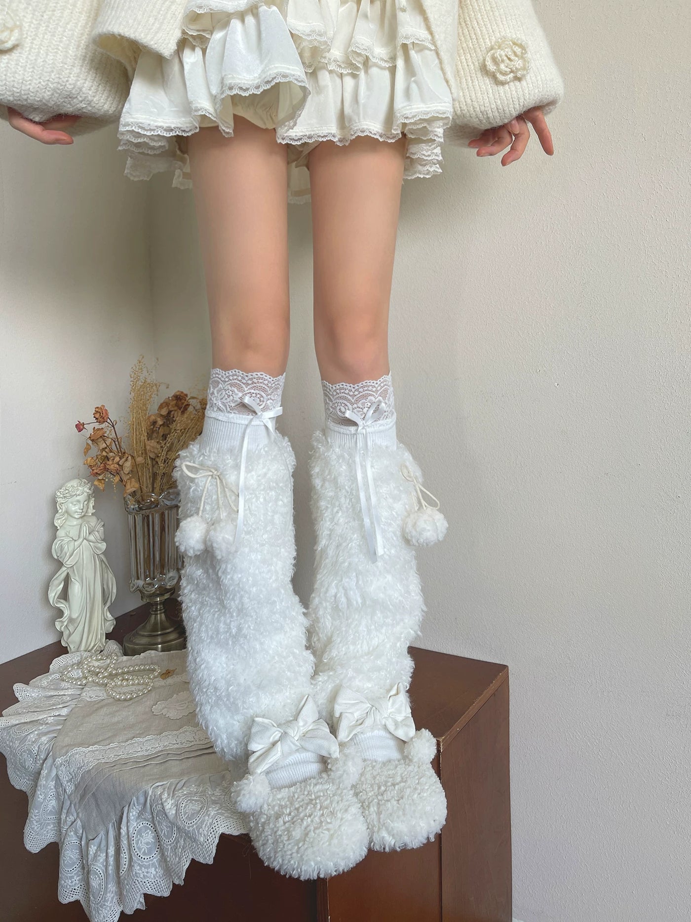 Sock Noble - Winter Pom-Pom Plush - White Socks and Sock Covers with Plush Pom-Pom Accents