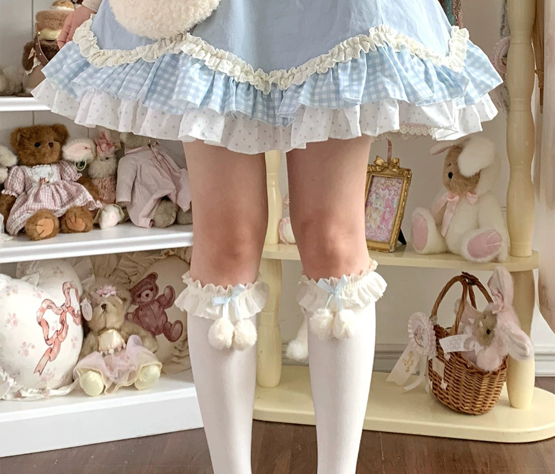 roji roji - Pom-Pom Lace - Cotton Slouch Socks with Bow Trim