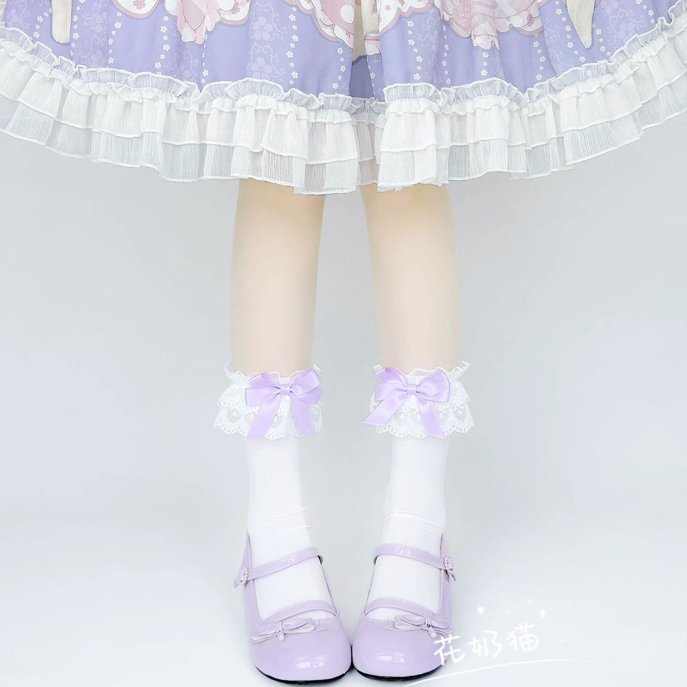 Pink Sweet Lolita mid-calf sock with lace trim and satin bow