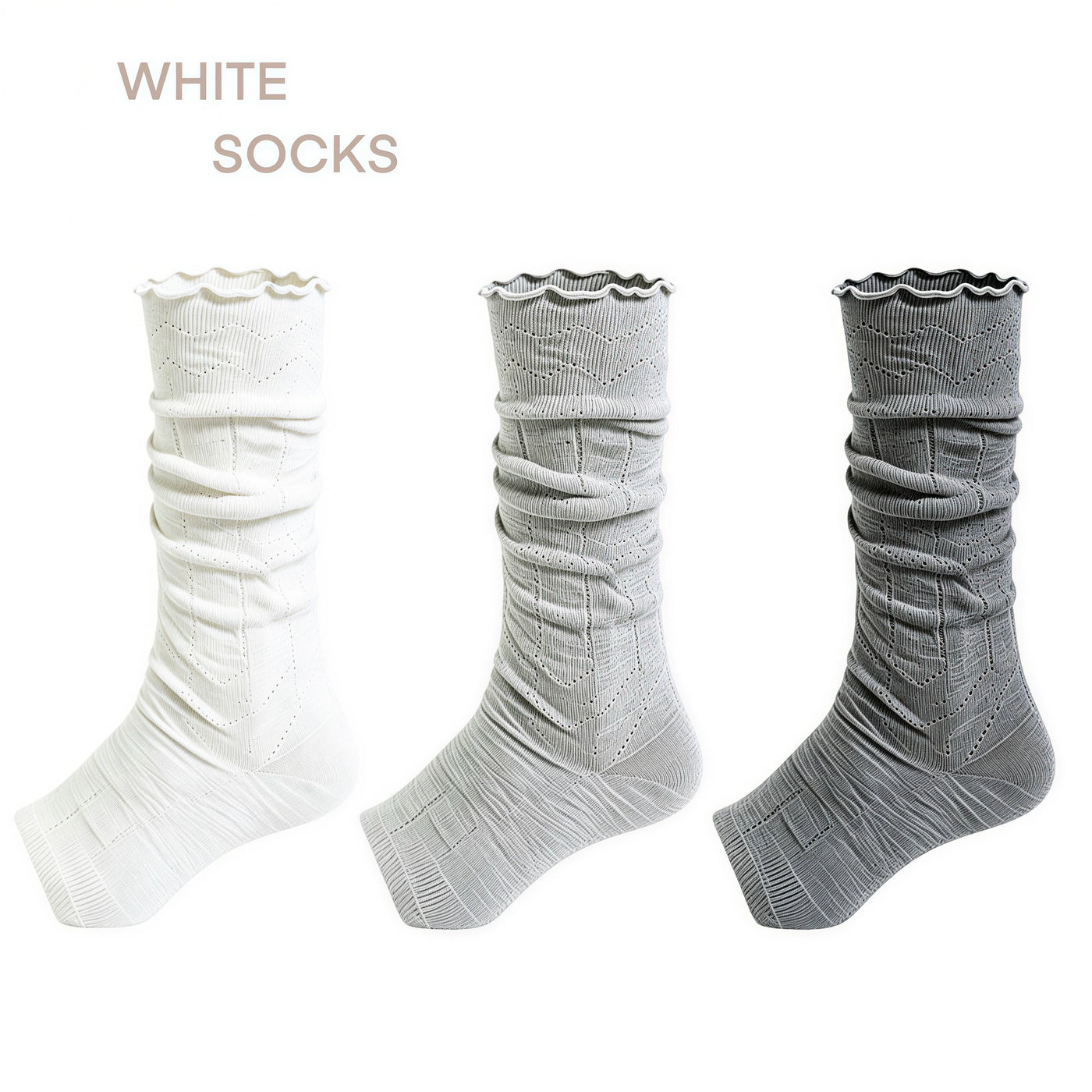 White Socks - Mary Jane Layering - Toeless Scrunched Socks with a Ribbed Texture