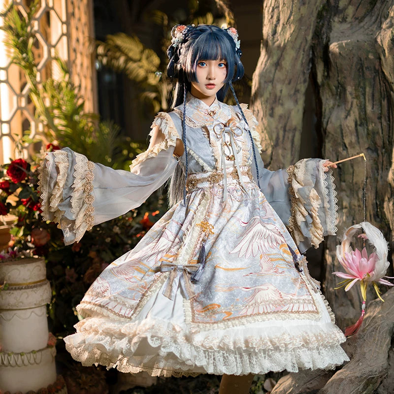 Leopard Cat Crane Distance OP Dress by Lolita Fetch featuring a stylish Qi style Lolita dress with leopard and crane print.