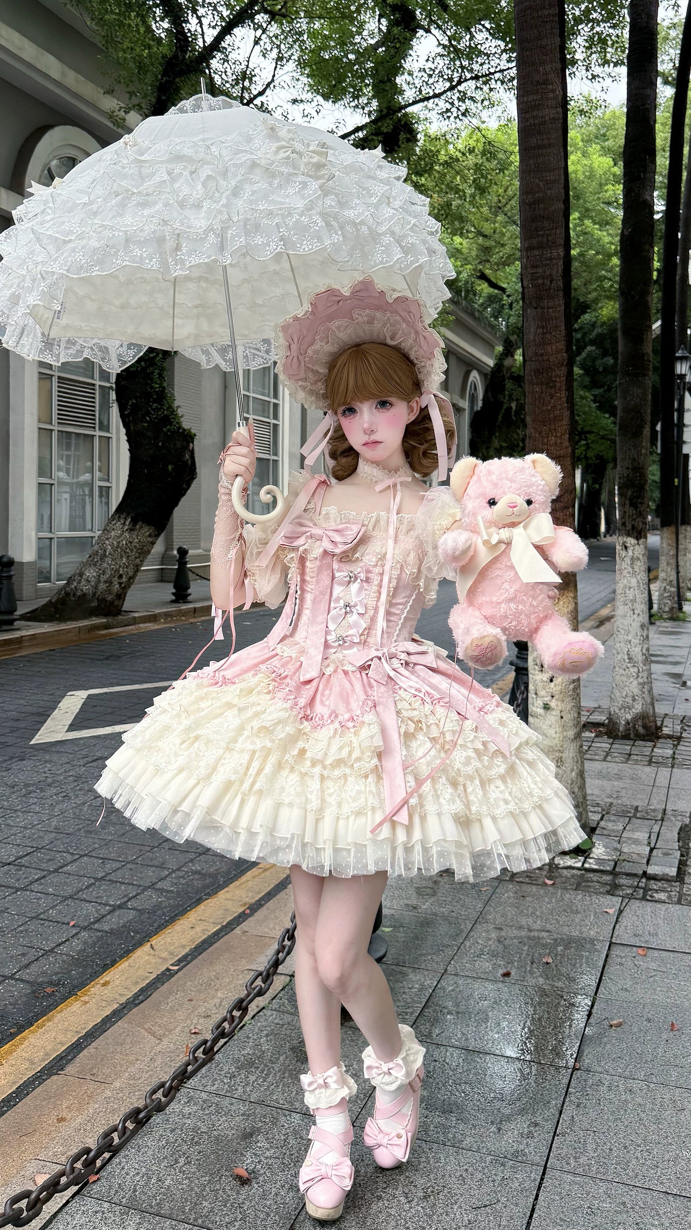 Miaolin Original - Sakura Dream Pink Ballet - JSK dress with layered cream lace