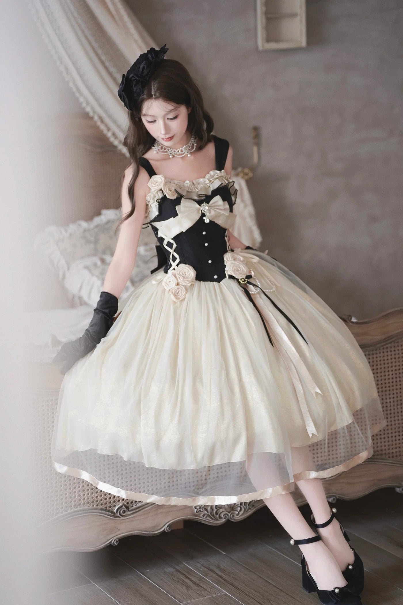 Qianmu - Paris Souvenir - Classic Lolita Corset JSK Dress with 3D Rose Decor