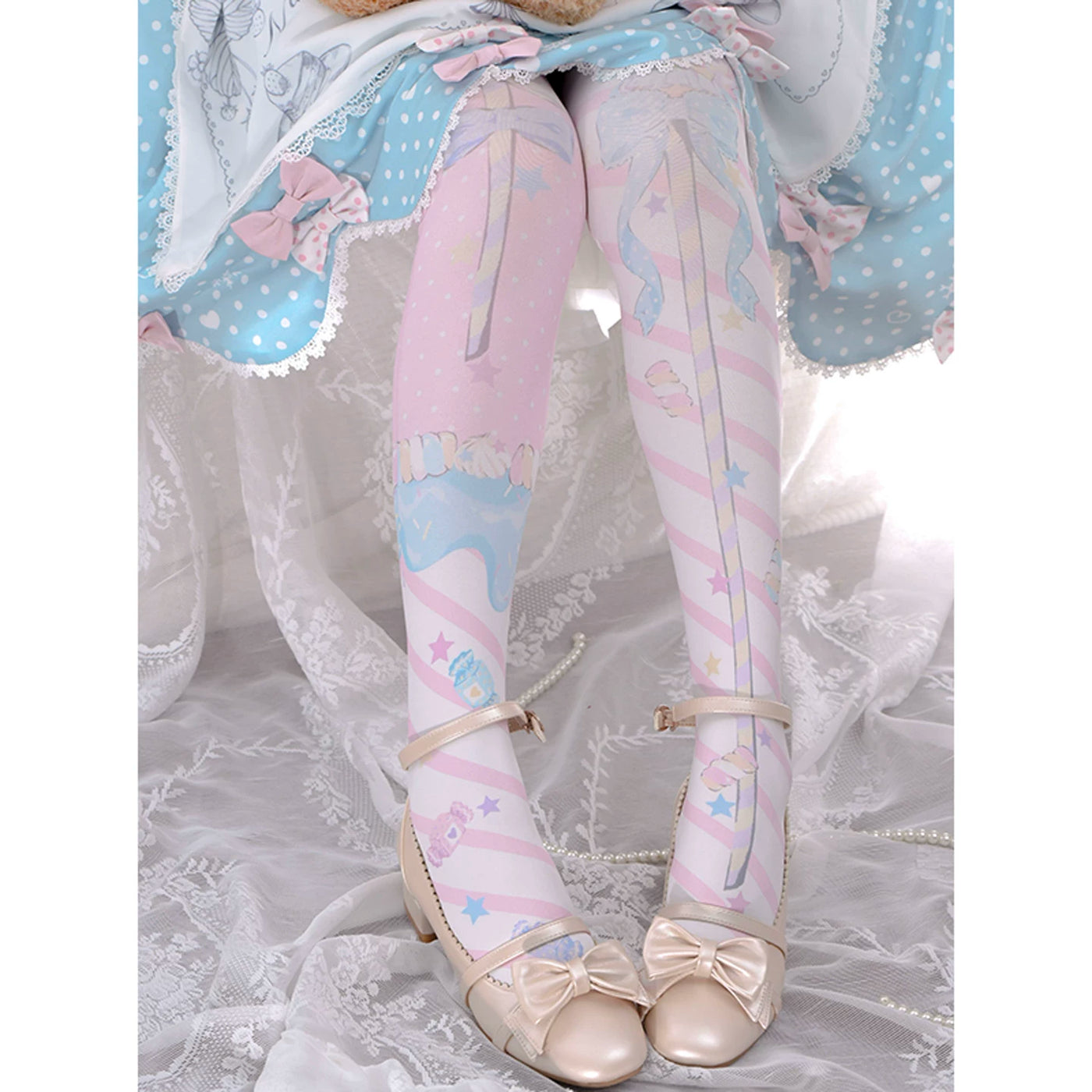 roji roji - Holy Scepter - Printed Velvet Over-the-Knee Socks with Bow and Star Motifs