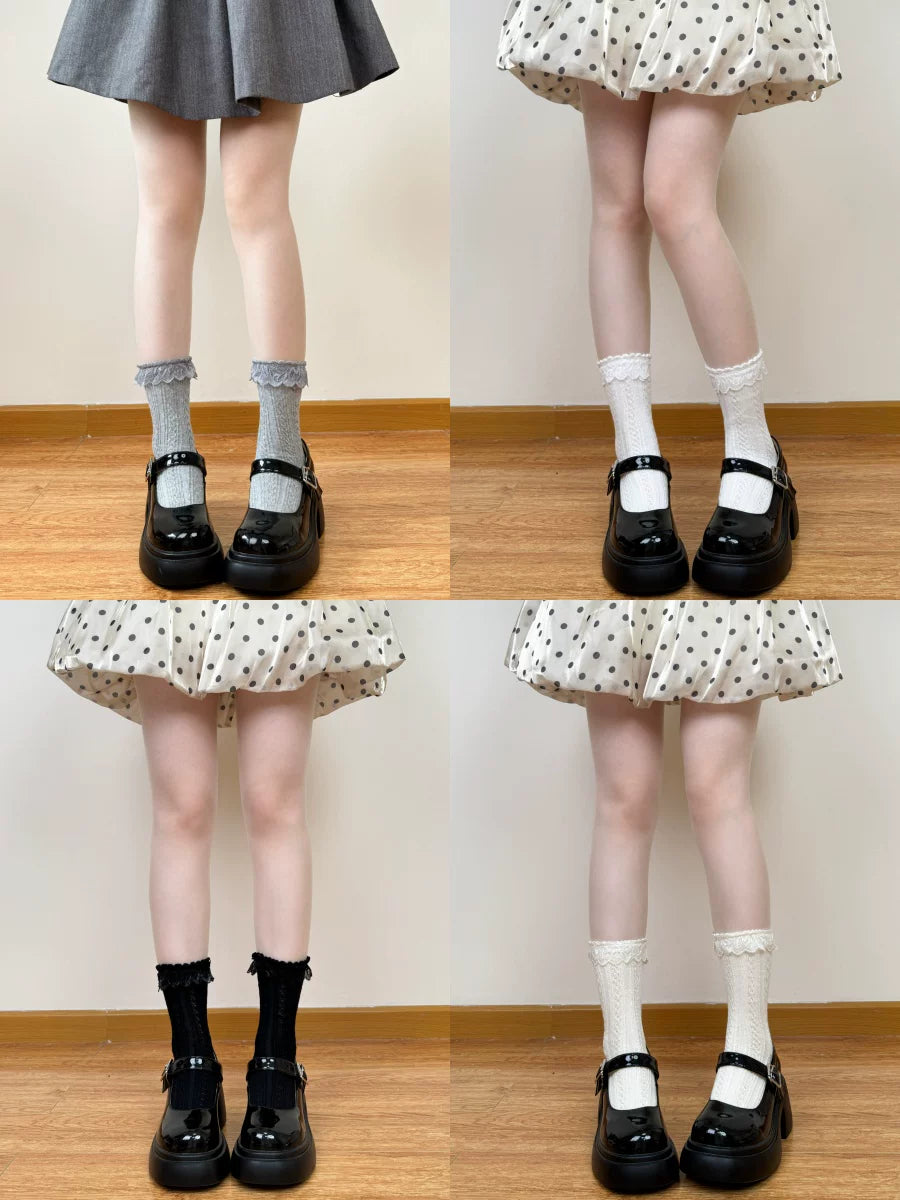 Chubby Bear Tales - JK Lace - Cable-Knit Mid-Calf Socks with Lace Trim