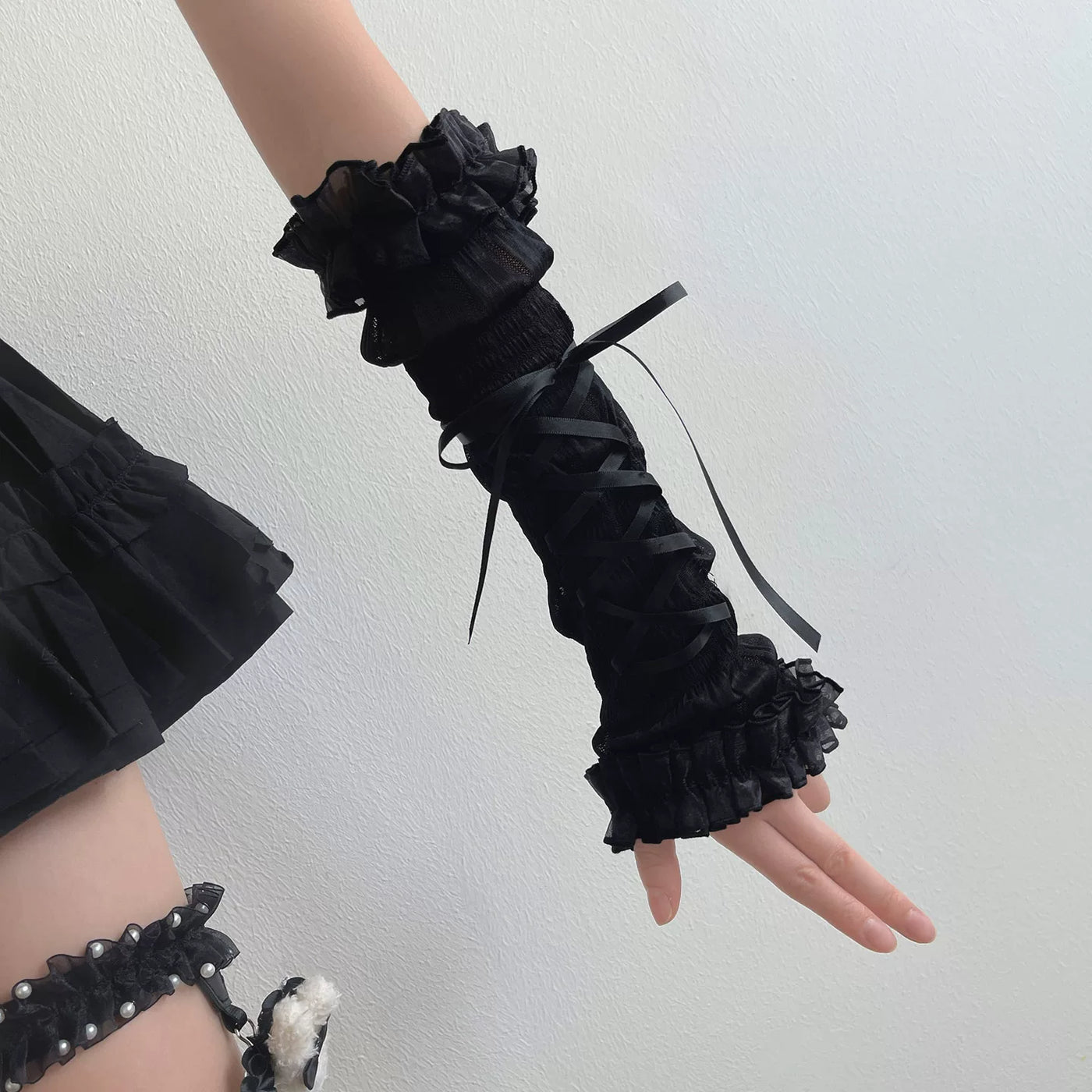 Sock Noble - Ballet Ribbon - Mesh Arm Sleeves with Ruffled Cuffs