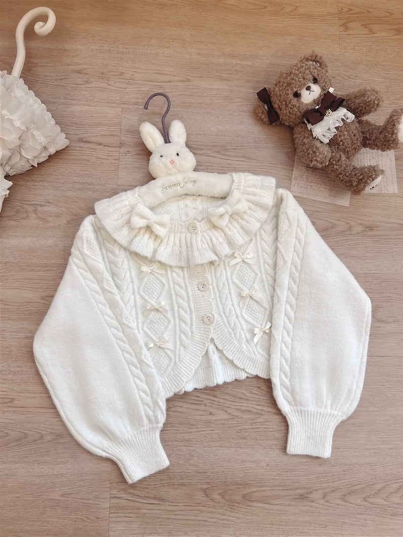 Tan Tuan Napoleon Pastry Bow Balloon-Sleeve Cardigan — Milky White